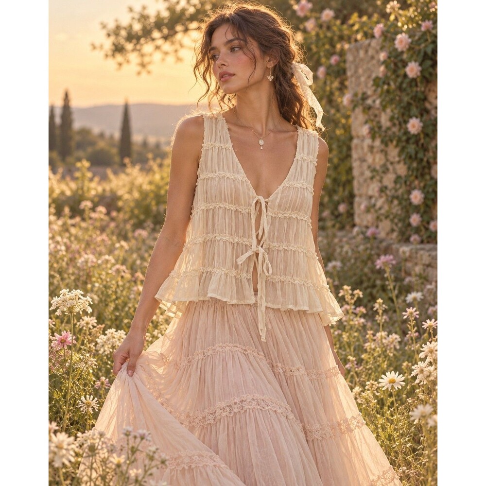 Willow & Root Ethereal Chiffon Ivory Tie-Front Fairycore Ruffle Top Romantic